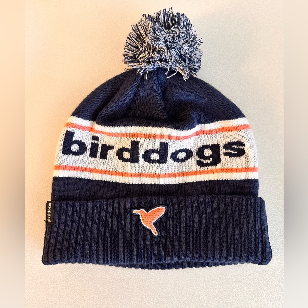 Birddogs Pom Beanie Hat | Navy & White with Peach Accents